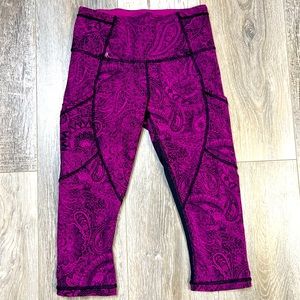 Lululemon Women’s Outrun Crop Leggings Paisley Fuchsia Pockets Mesh Size…